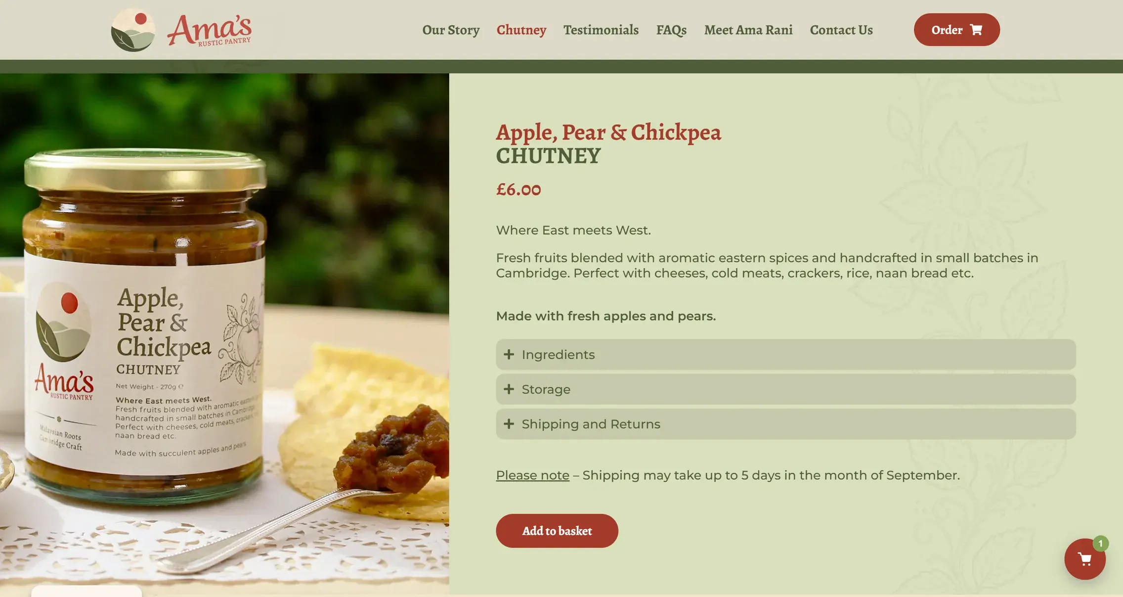 The Ama's Rustic Pantry shop page, with the chutney, the price and the answers people want before buying