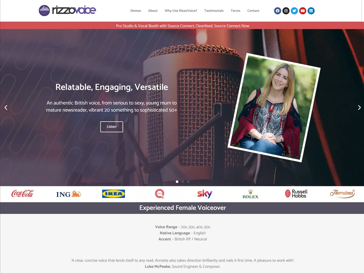 Rizzovoice voiceover artist website built by Bang! Graphics