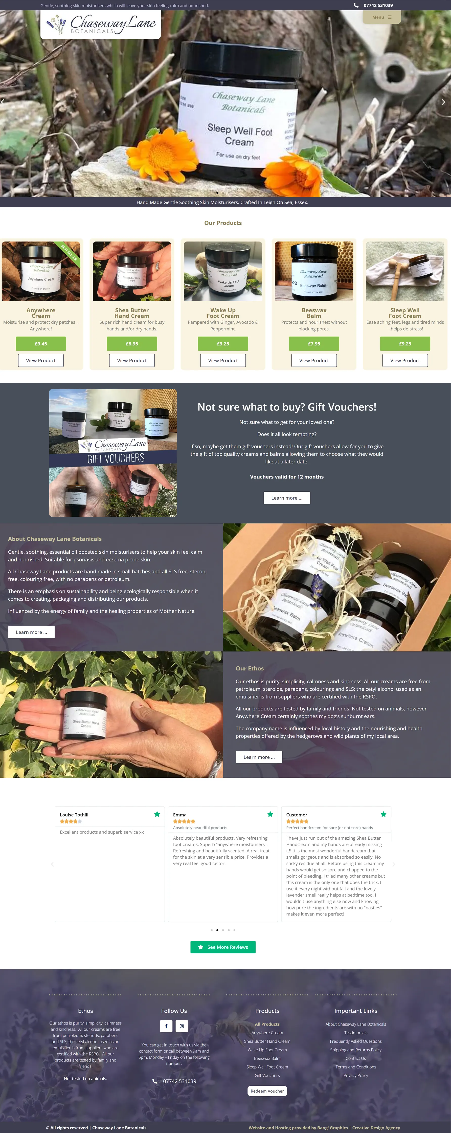 The Chaseway Lane Botanicals homepage, full length