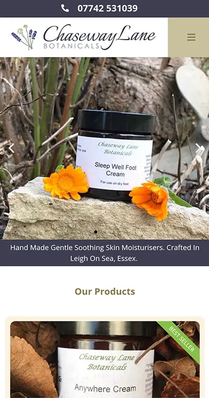 The Chaseway Lane Botanicals homepage on a phone