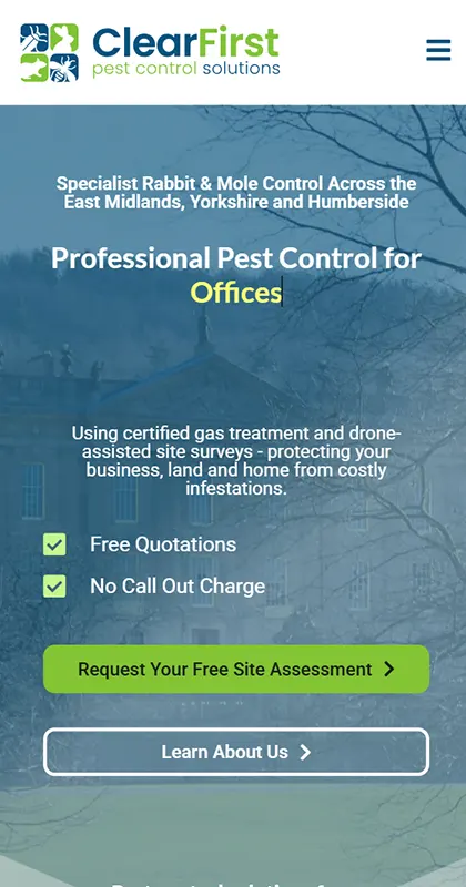 The ClearFirst Pest Control website on a phone