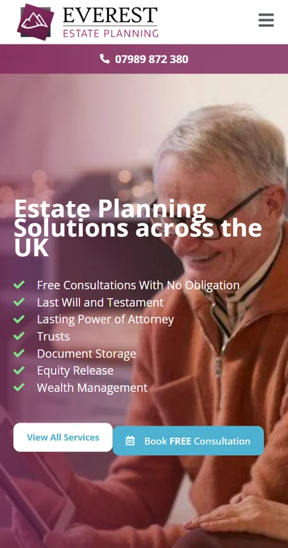 The Everest Estate Planning homepage on a phone