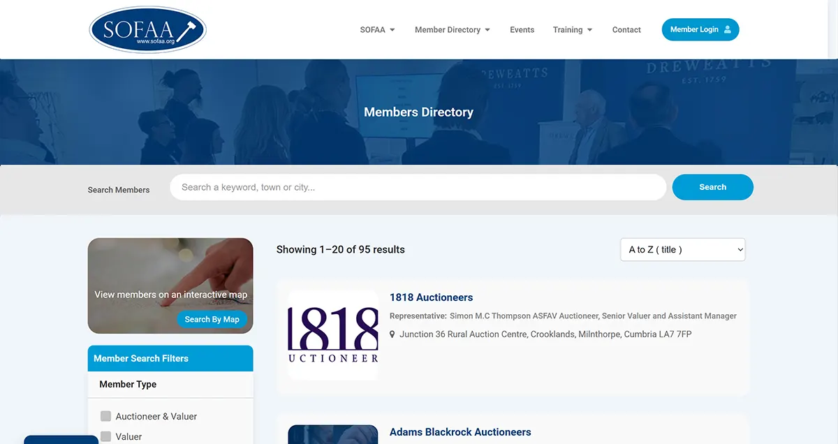The member directory, searchable by name, town or discipline