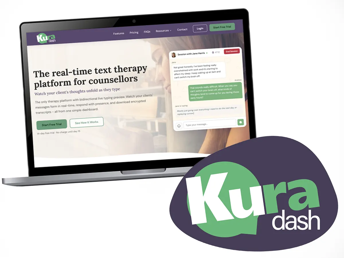 The Kuradash logo beside the Kuradash website on a laptop - brand and site designed together by Bang! Graphics