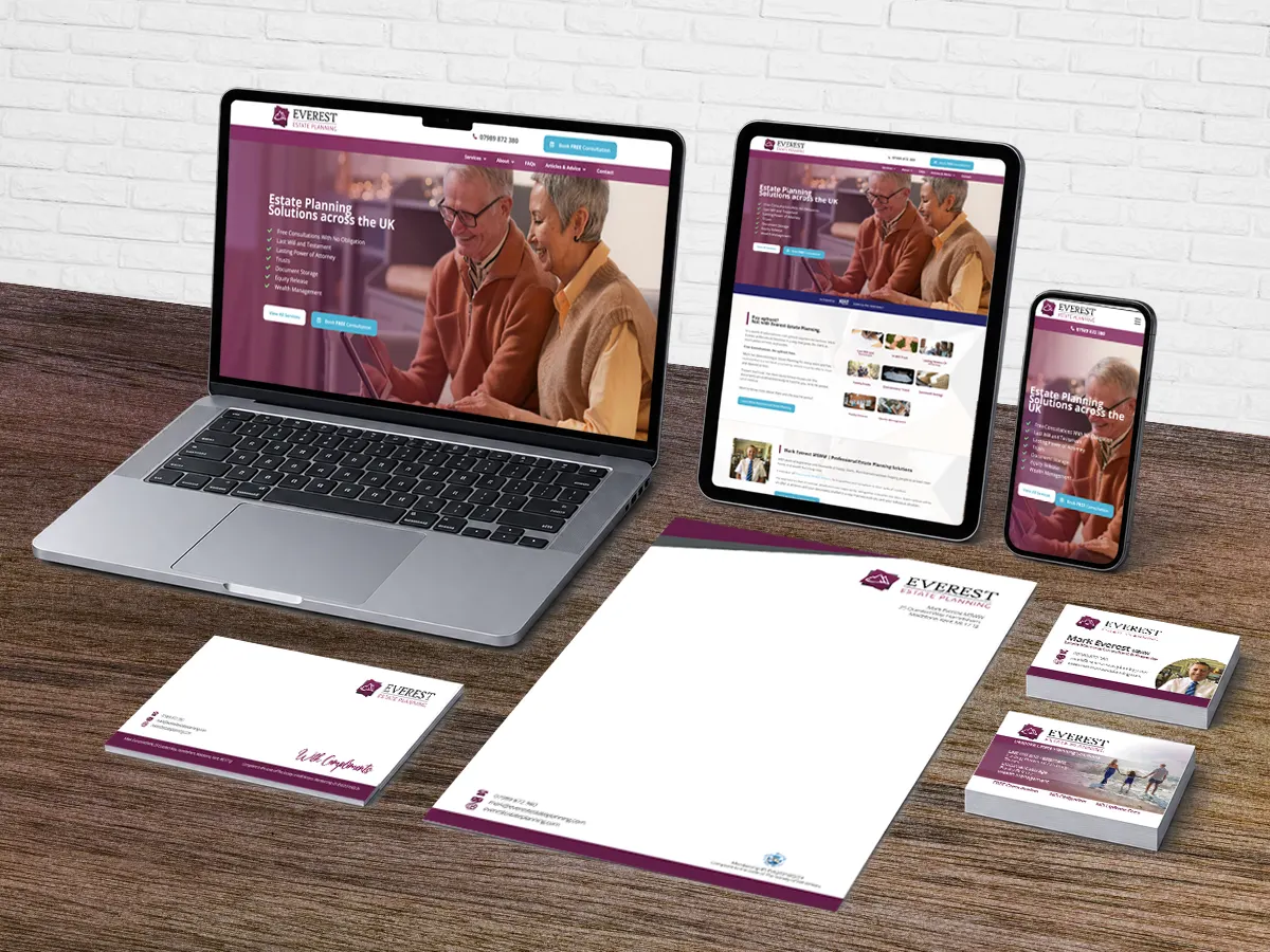 The Everest Estate Planning brand handed over - the website on a laptop, tablet and phone beside printed letterhead, compliment slip and business cards