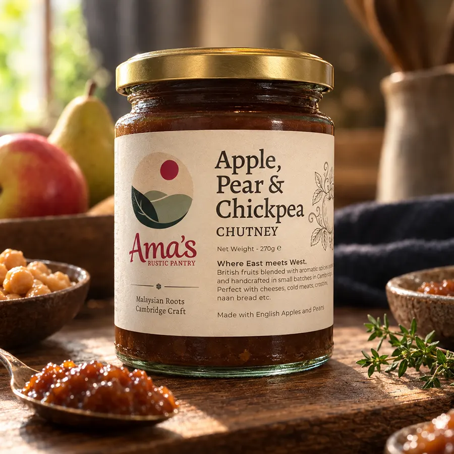 Jar label for Ama's Rustic Pantry, Chutney brand in Essex