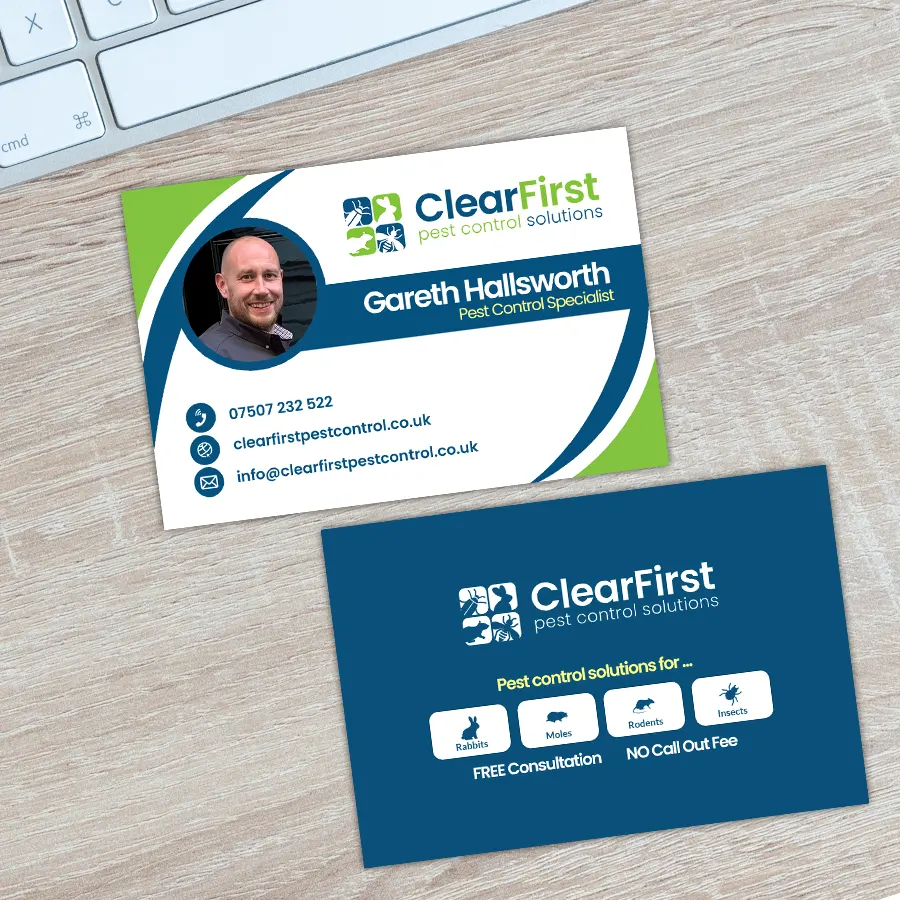 Business cards for ClearFirst Solutions, Pest Control in and around Derby