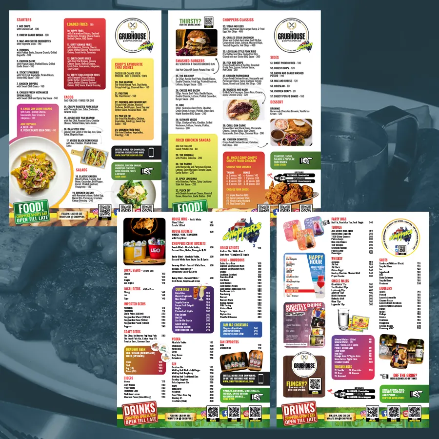 Food and drinks menus for The Grubhouse at Choppers Sports Bar, Koh Tao