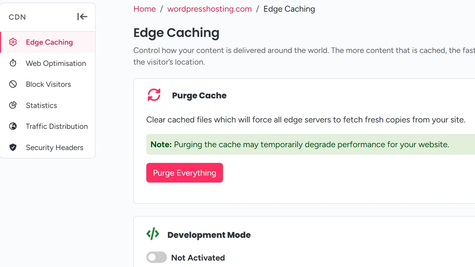 The edge caching settings in the Bang! Hosting control panel
