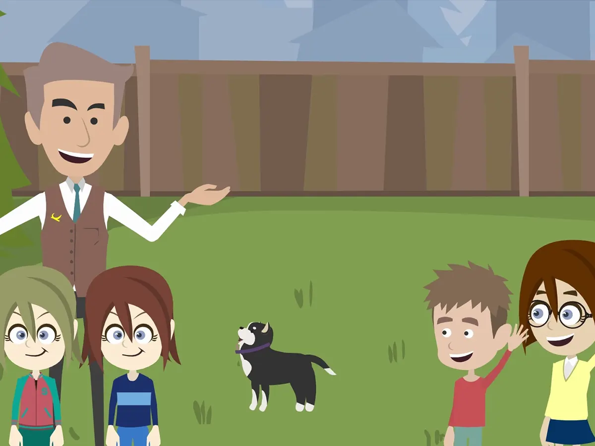 Animated family scene from a Bang! Graphics explainer film, an adviser introducing a family in their garden