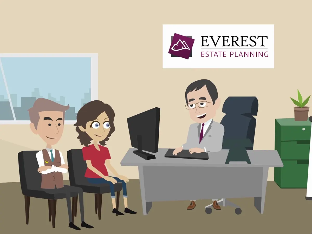 Animated office scene from an Everest Estate Planning explainer film, a couple meeting their adviser