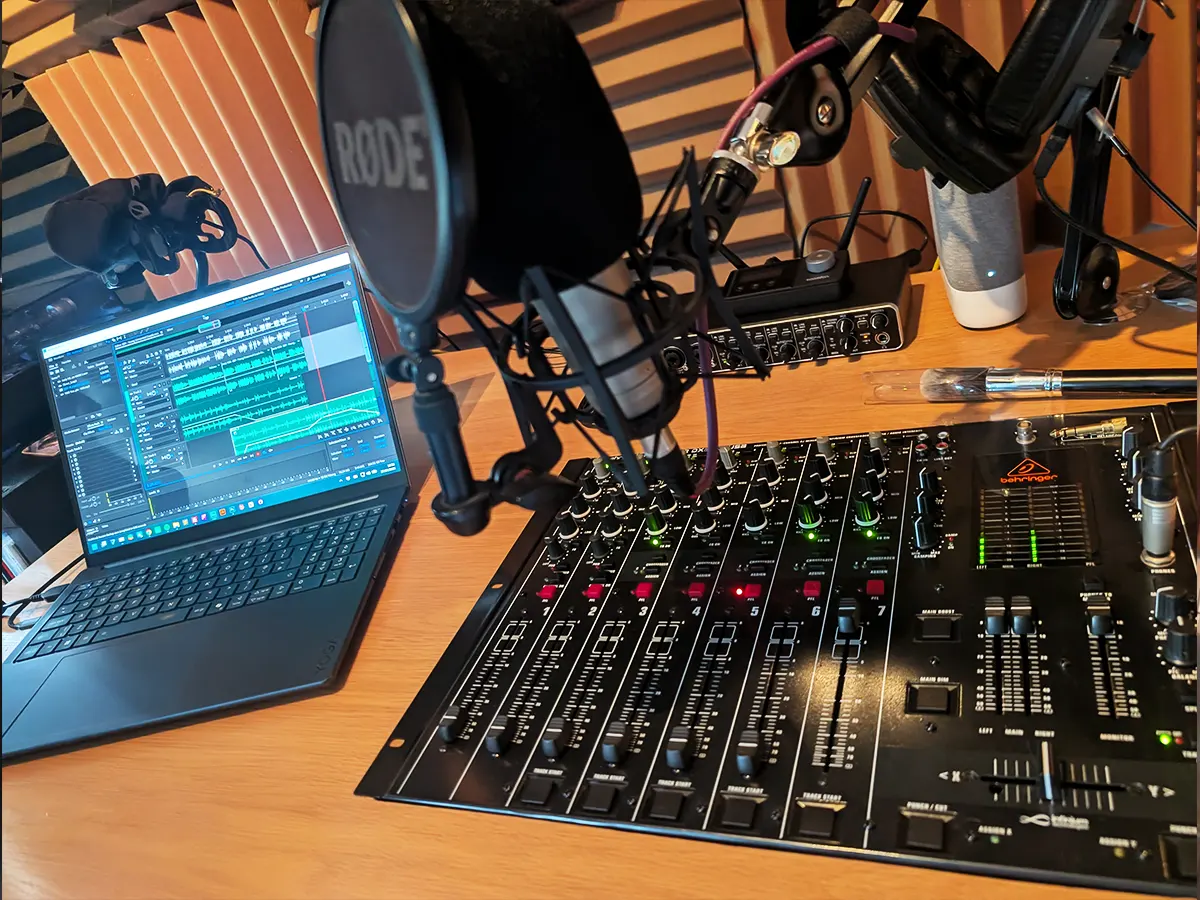 Inside the Bang! Graphics sound-treated voiceover studio - microphone, mixer and recording session