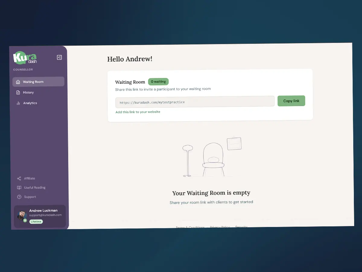 Kuradash counsellor dashboard - web app built by Bang! Graphics
