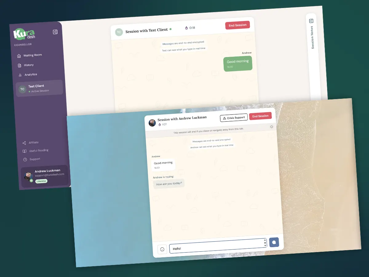 Kuradash bi-directional messaging for counselling - web app built by Bang! Graphics